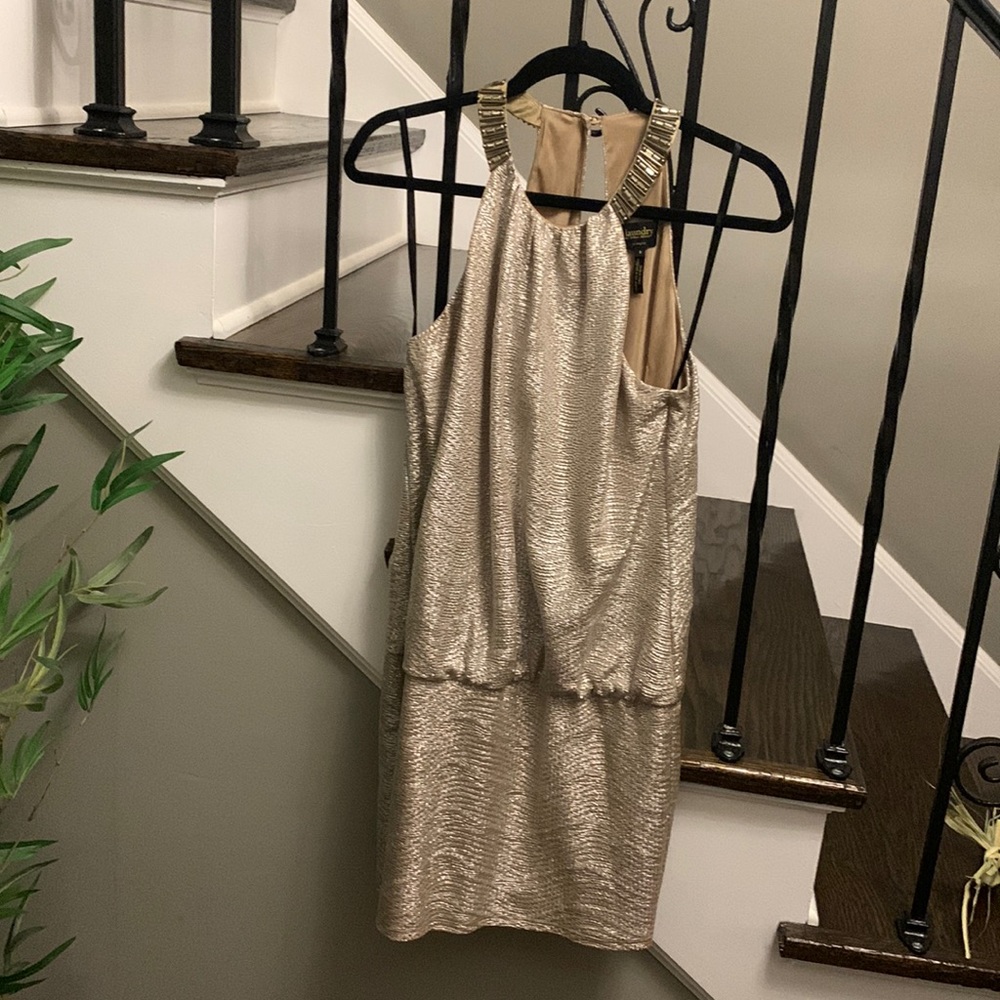 Laundry By Shelli Segal Metallic Gold Beaded Halter Dress